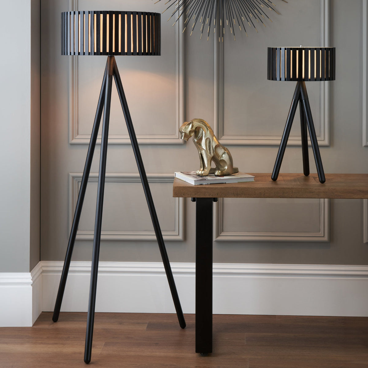 Rabanne Slatted Black Wood Tripod Floor Lamp