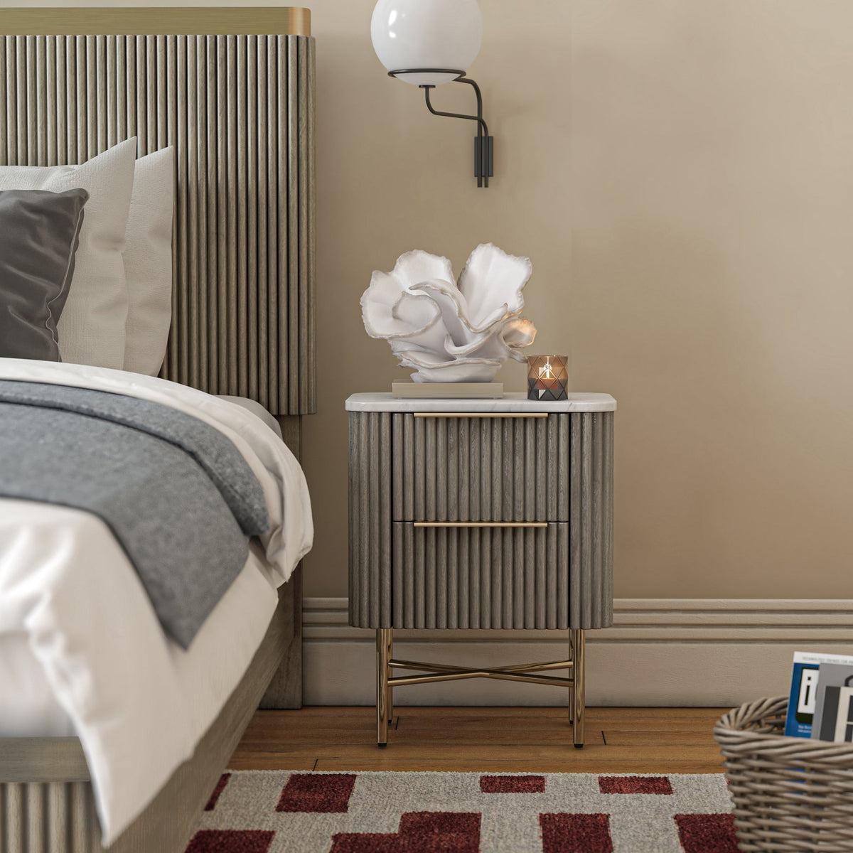 Amelie Grey Fluted 2 Drawer Narrow Bedside Table
