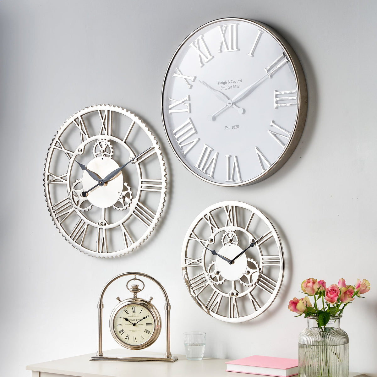 Shiny Nickel Cog Small Round Wall Clock