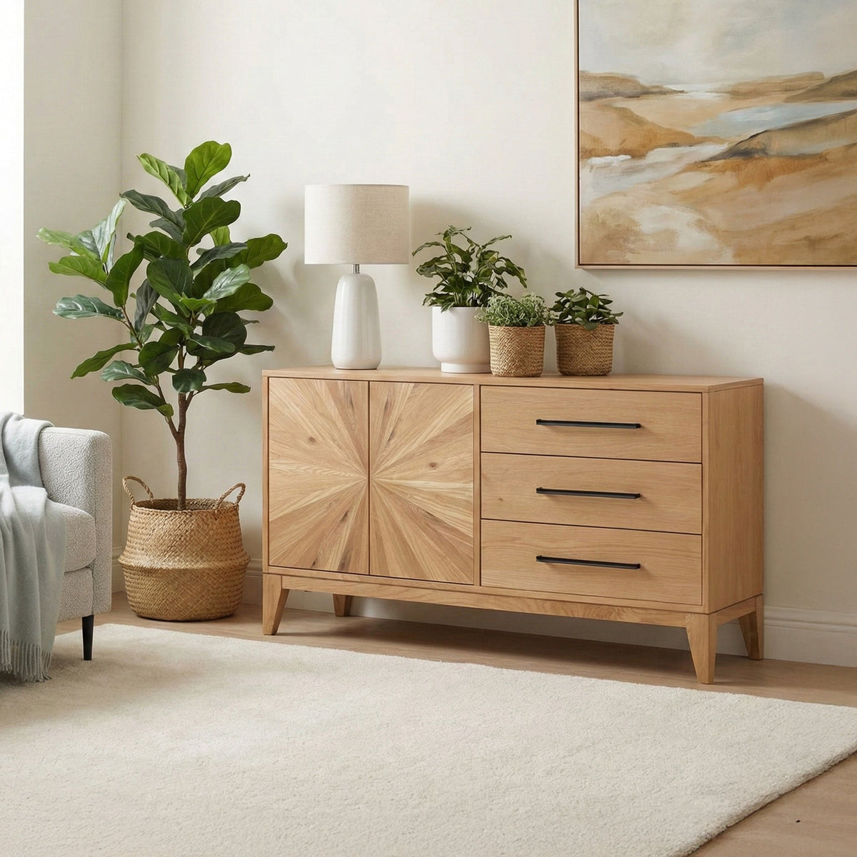 Sunburst Oak Large 2 Door 3 Drawer Sideboard