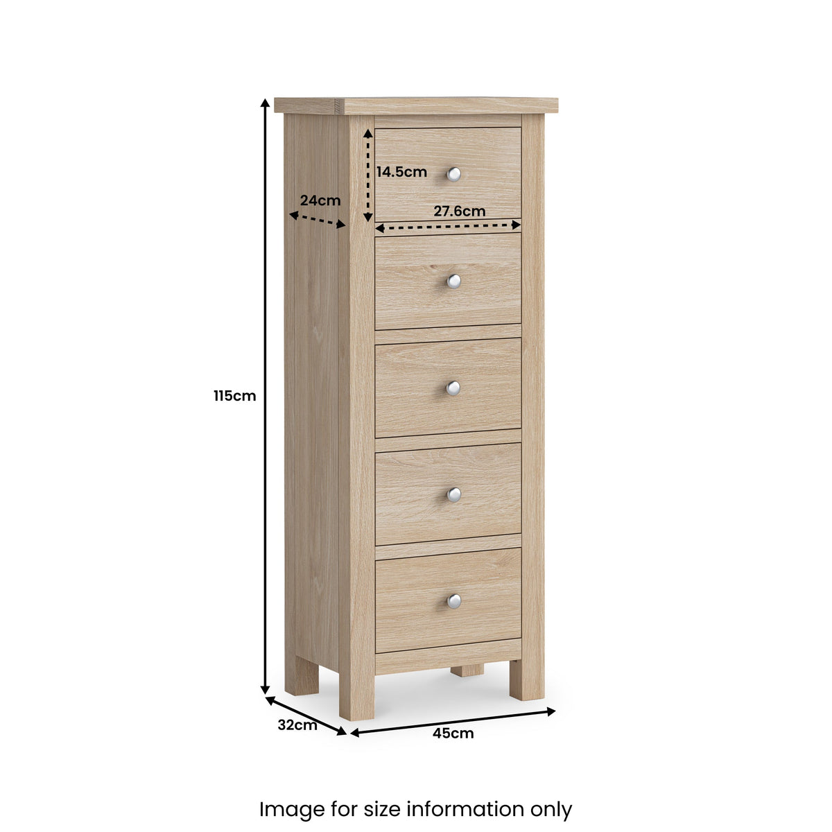 Farro Washed Oak 5 Drawer Tallboy Chest