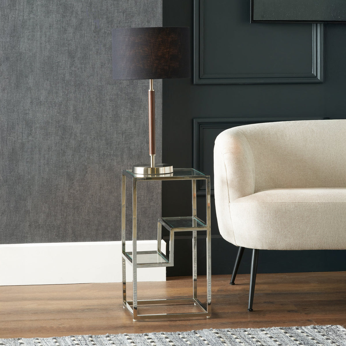 Aleandra Clear Glass and Silver Metal Side Table