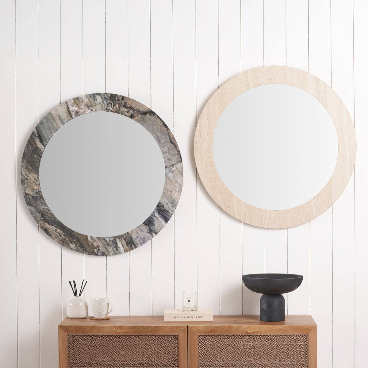 Travertine Effect Round Wall Mirror