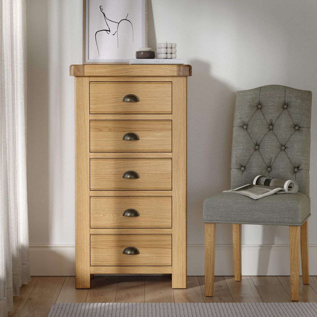 Portland Oak 5 Drawer Tallboy Chest