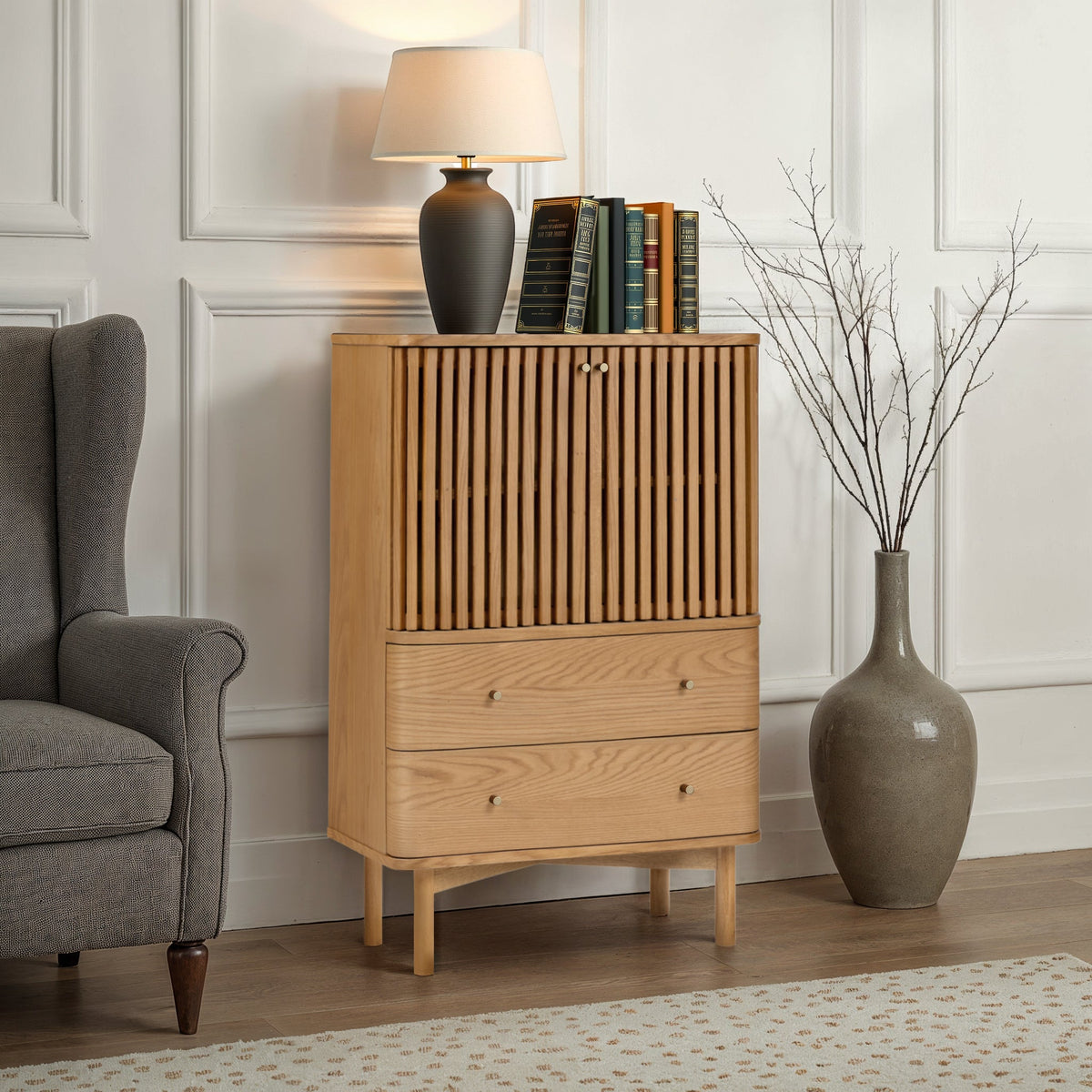 Shorwell Oak Slatted 2 Drawer 2 Door Cabinet
