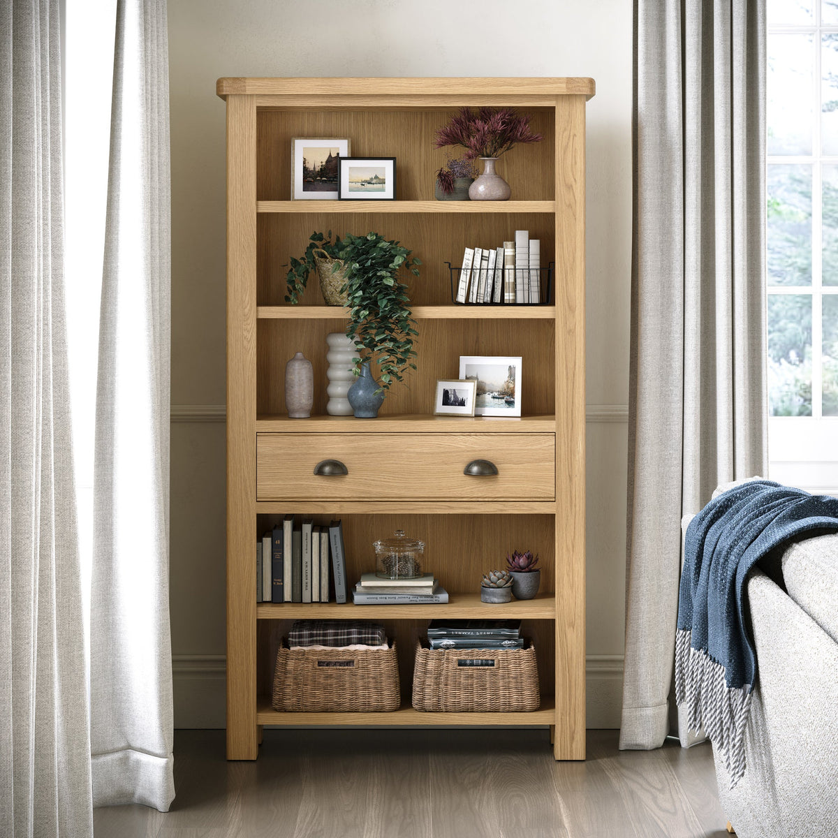 Portland Oak 5 Shelf Large Bookcase