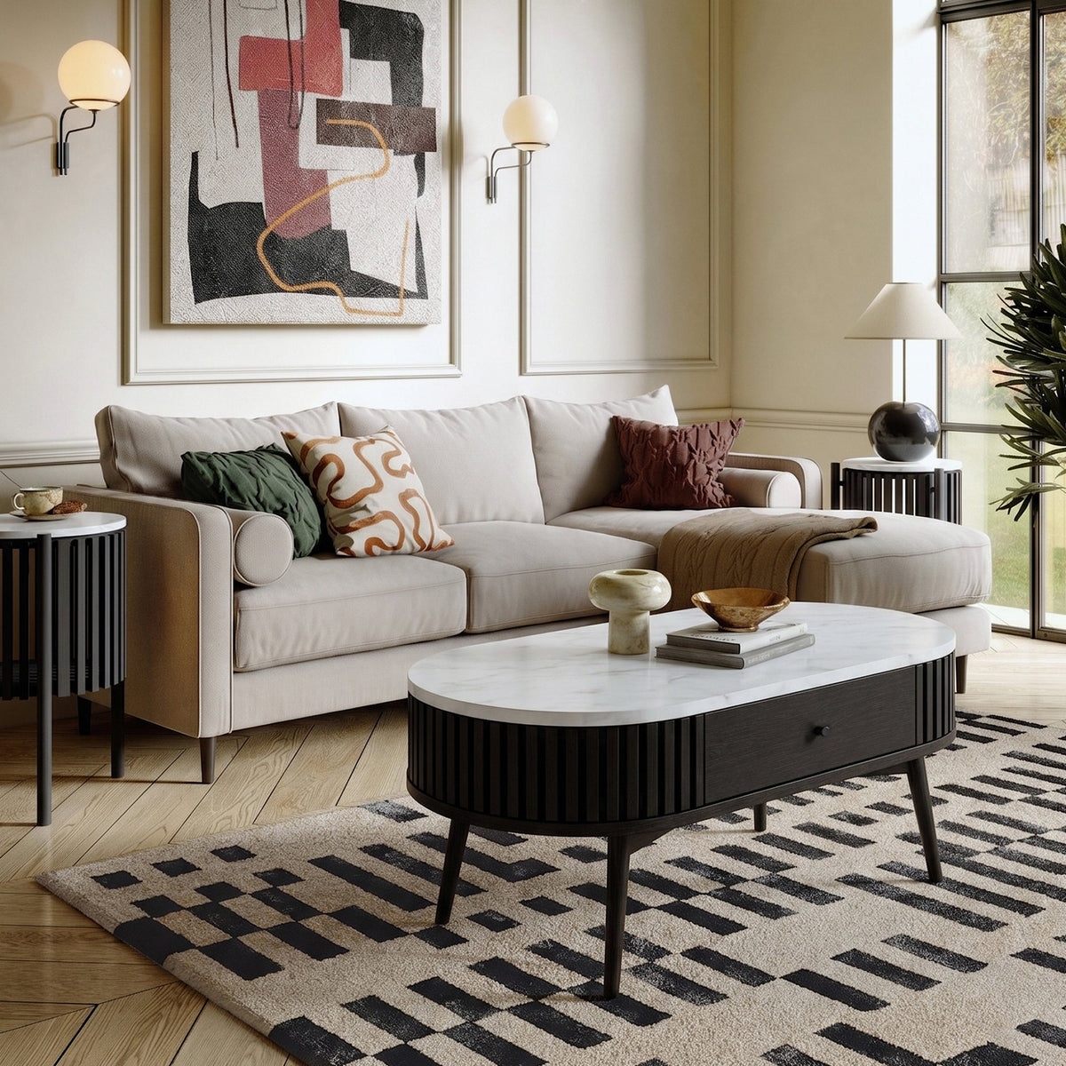 Shorwell Black & Marble 1 Drawer Oval Coffee Table