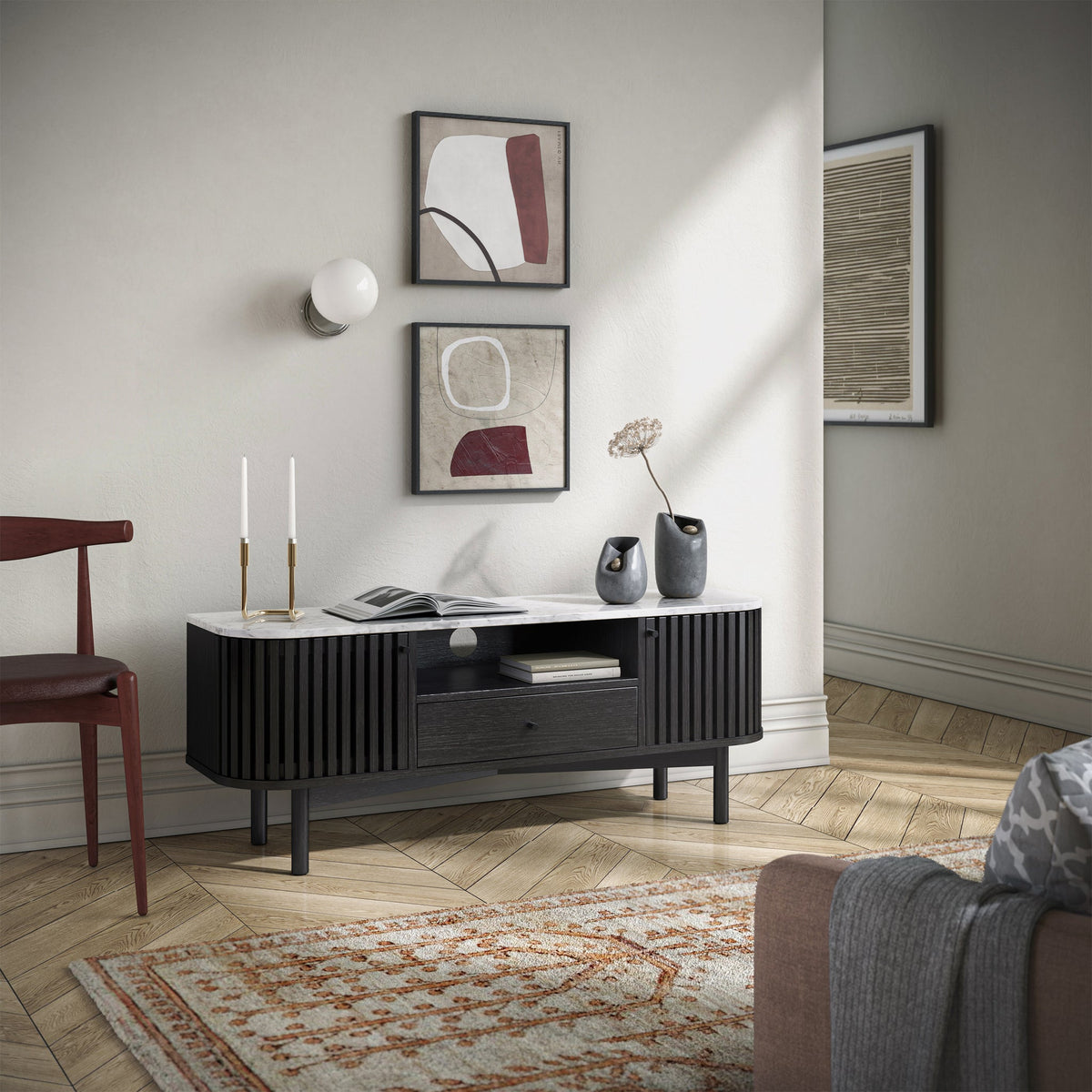 Shorwell Black & Marble Slatted 130cm TV Unit