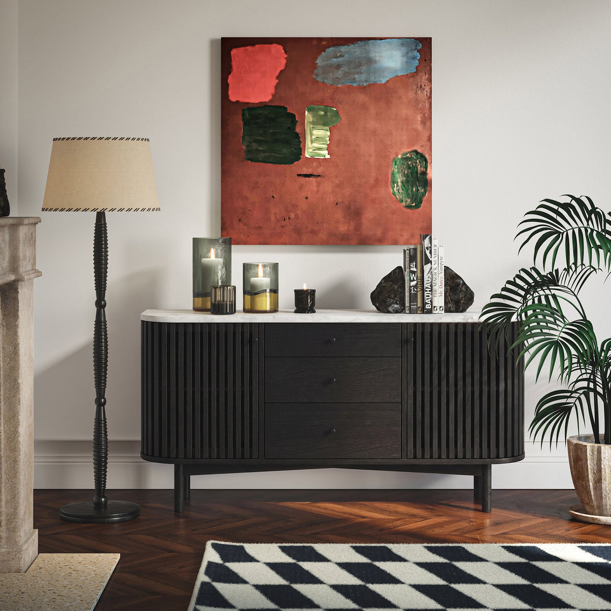 Shorwell Black & Marble 3 Drawer Sideboard