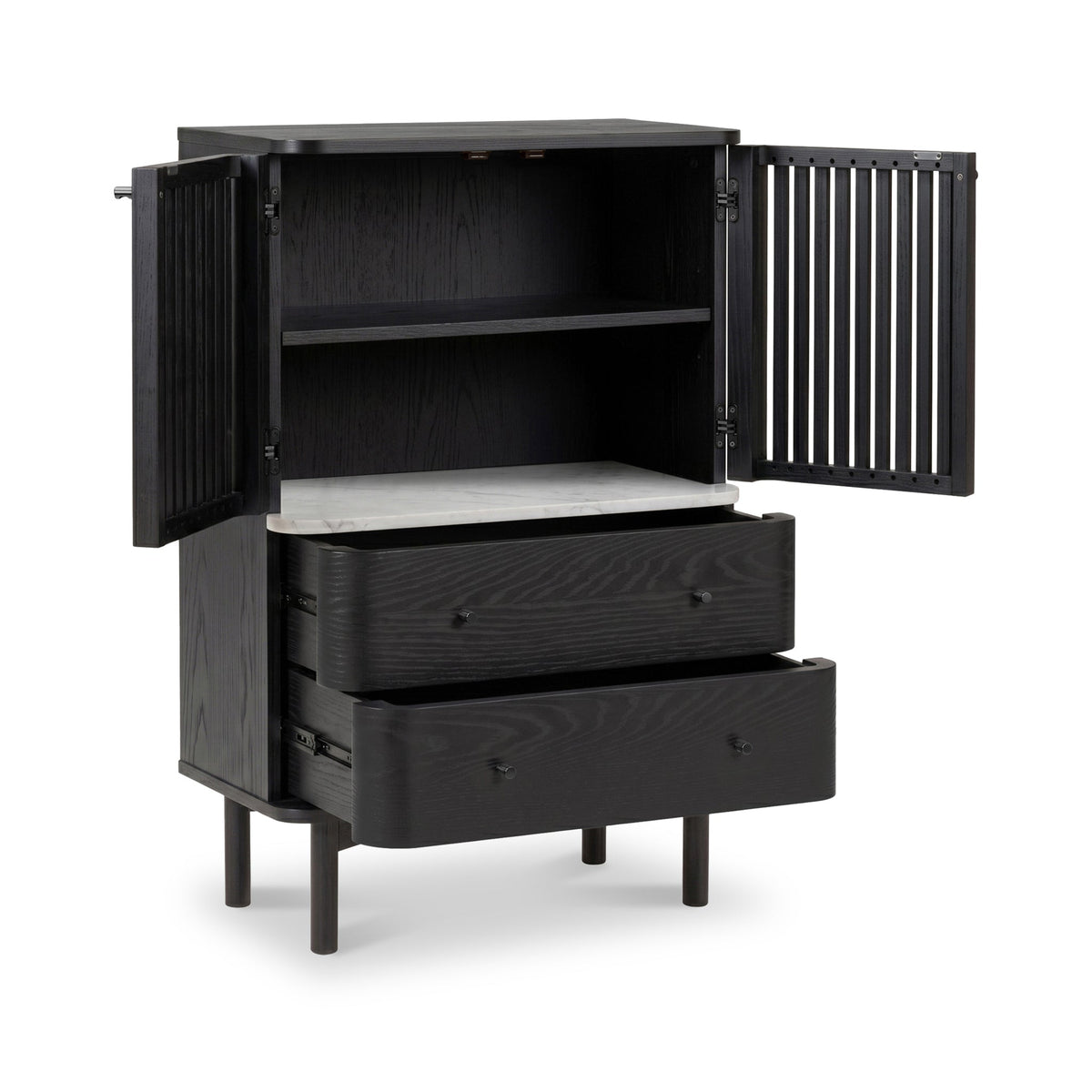Shorwell Black & Marble Slatted 2 Drawer 2 Door Cabinet