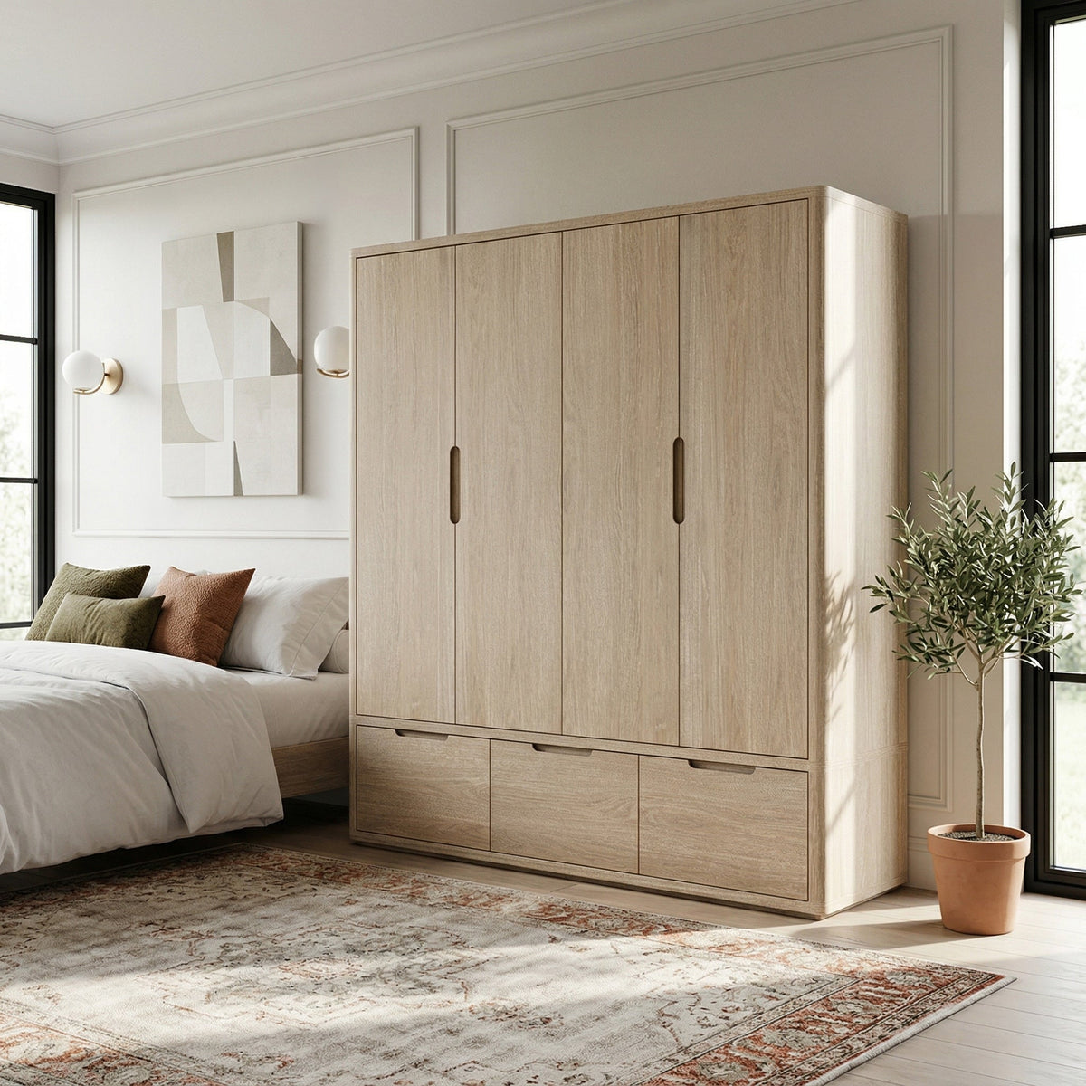 Mylor Washed Oak 4 Door Wardrobe with 3 Drawers