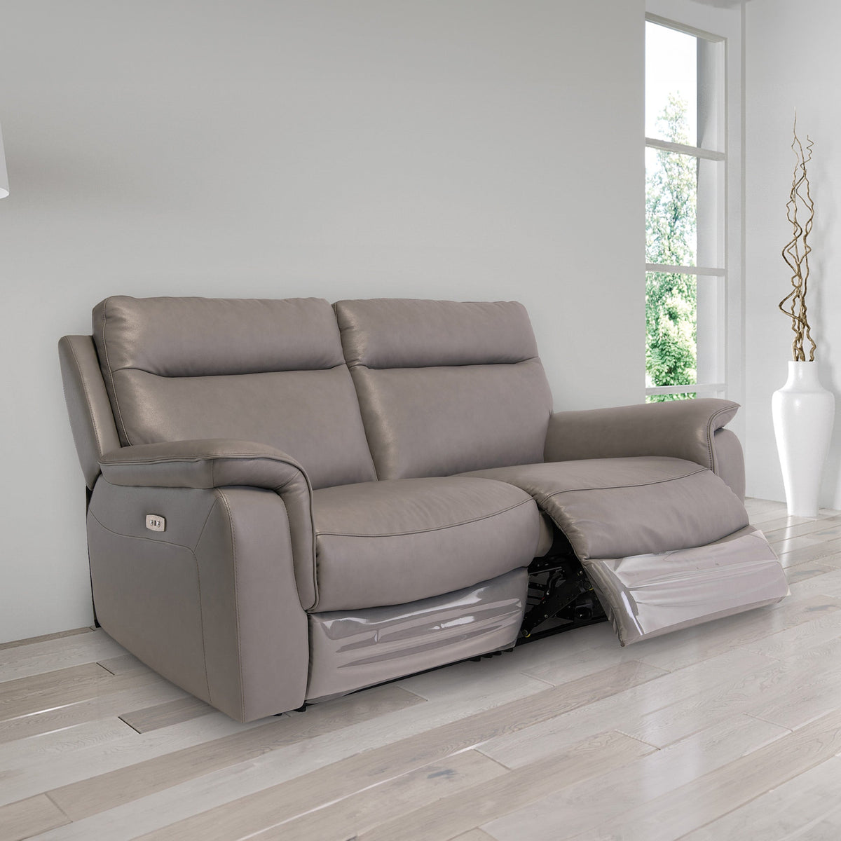Walter Grey Leather Power Reclining 3 Seater Sofa