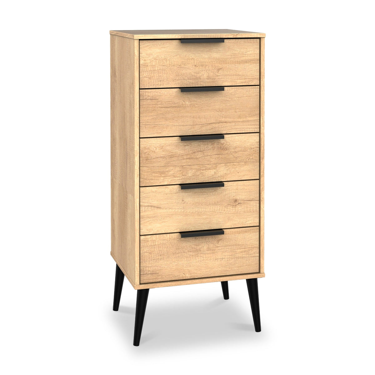 Asher Light Oak 5 Drawer Tallboy with Black Legs