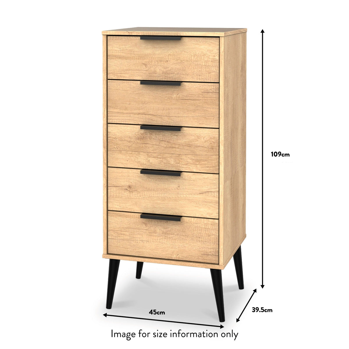 Asher Light Oak 5 Drawer Tallboy with Black Legs