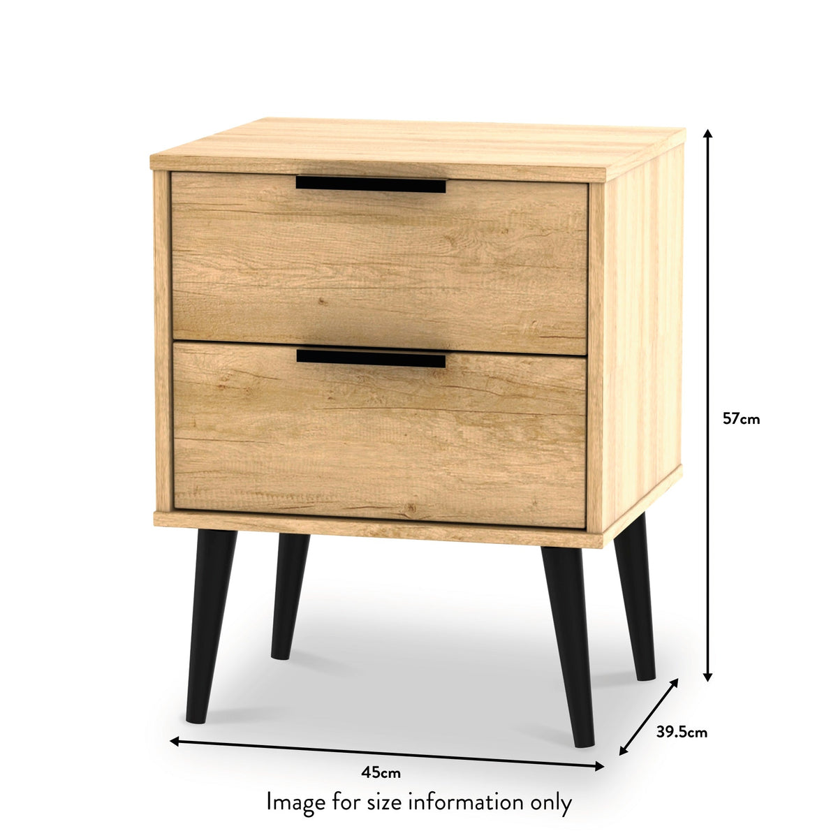 Asher Light Oak 2 Drawer Bedside Table with Black Legs