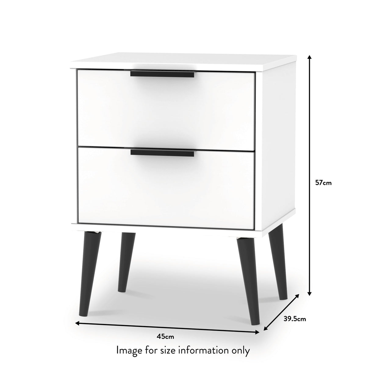 Asher White 2 Drawer Bedside Table with Black Legs