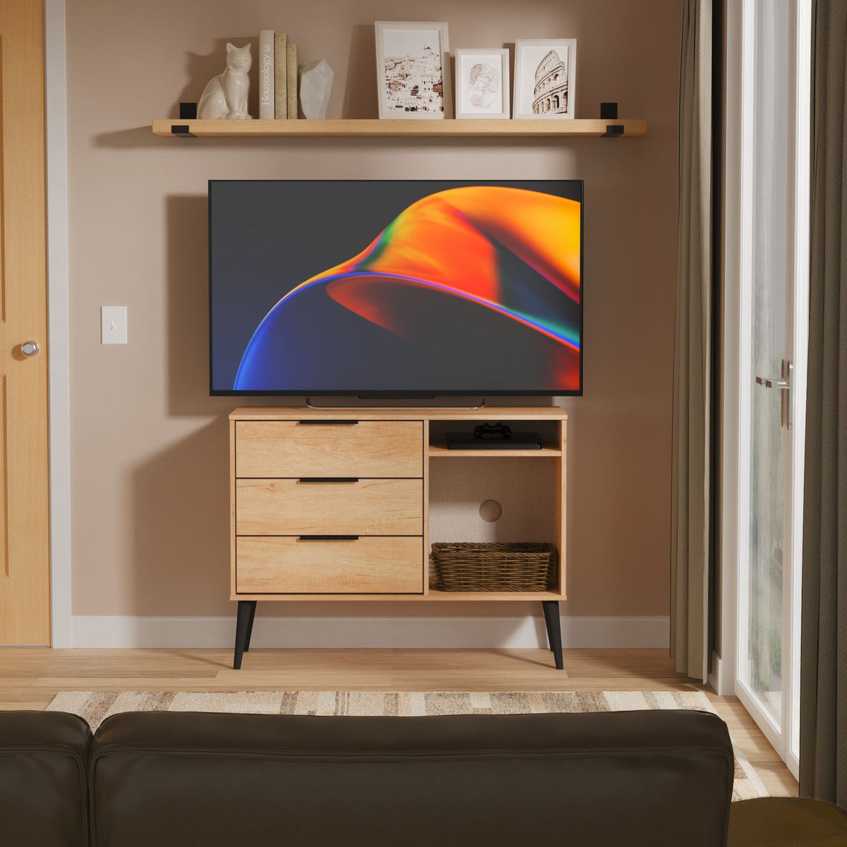 Asher Light Oak 3 Drawer TV Unit with Black Legs