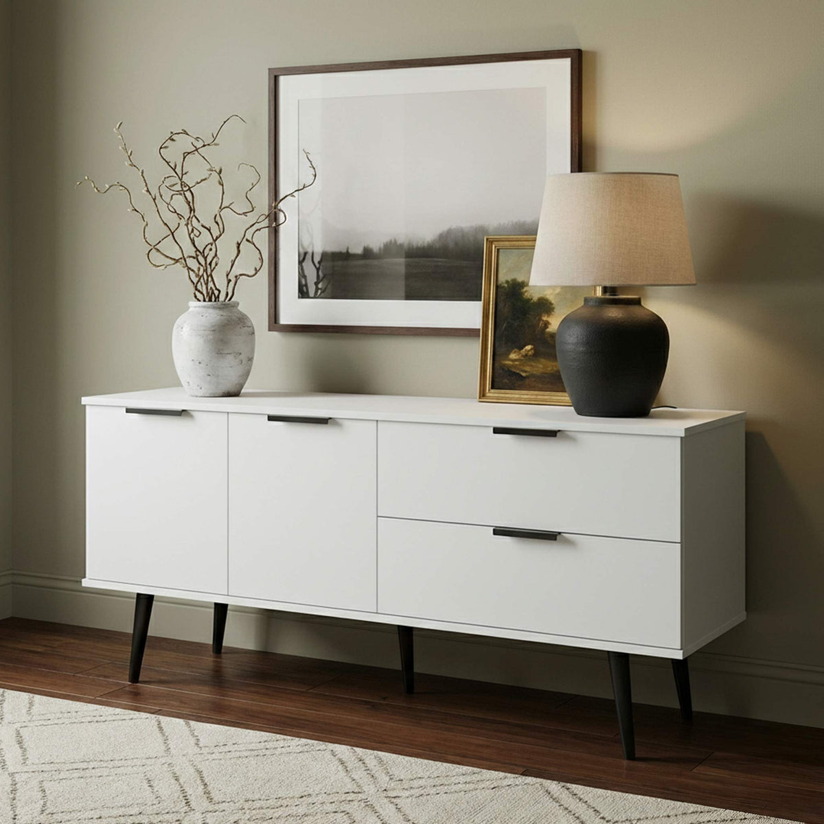 Asher White 2 Drawer 2 Door Wide Sideboard with Black Legs