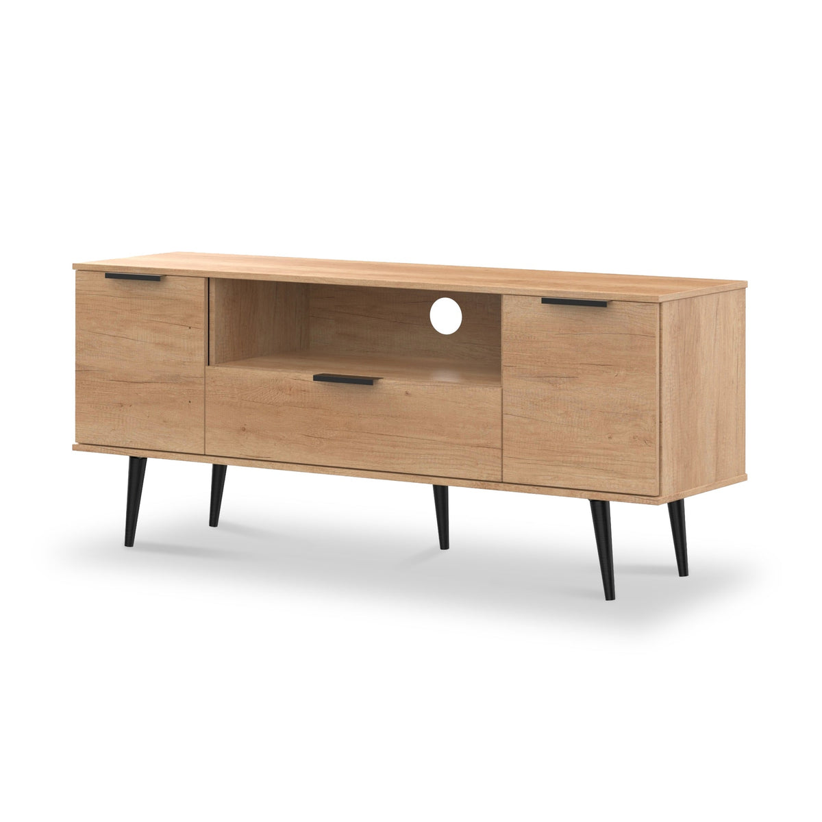 Asher Light Oak 2 Door 1 Drawer Wide TV Unit with Black Legs