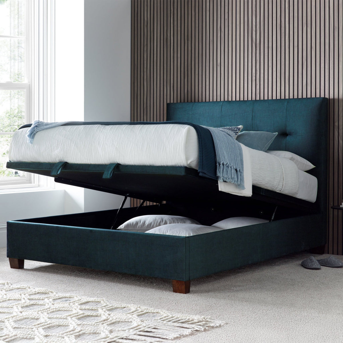 Southwick Velvet Ottoman Storage Bed Frame