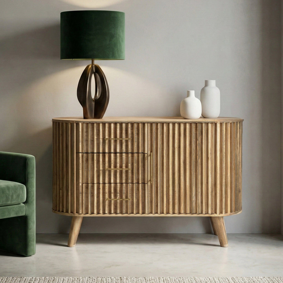 Leo Slatted Mango Wood 3 Drawer 1 Door Sideboard