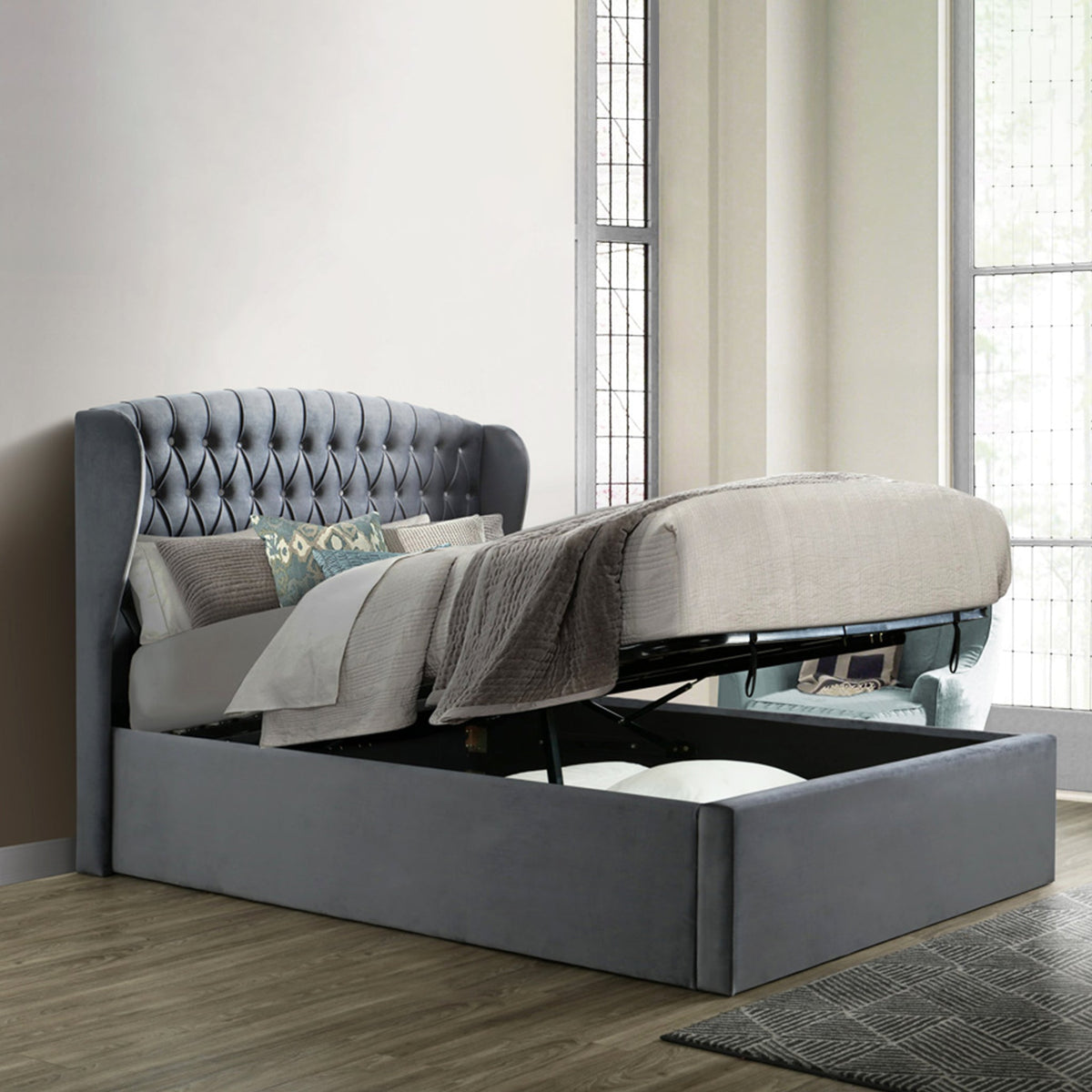 Sailsbury Velvet Ottoman Storage Bed Frame