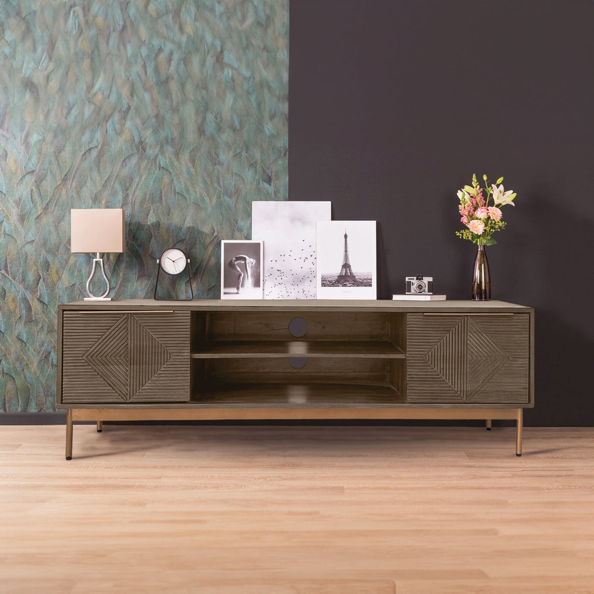 Beau Grooved Brown Mango Wood Large TV Unit