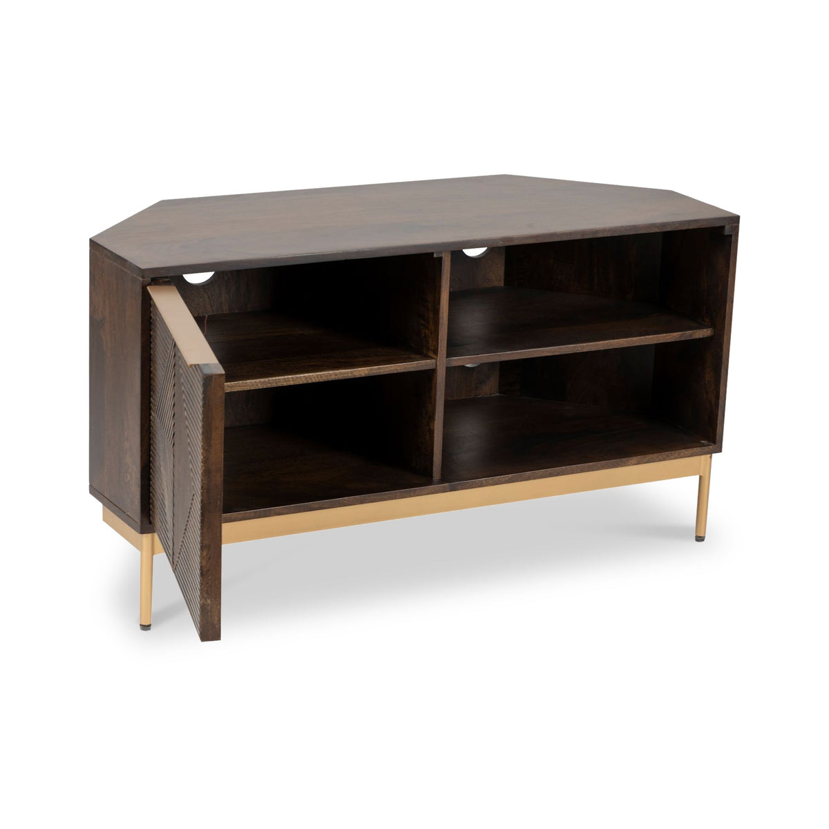 Beau Grooved Brown Mango Wood Corner TV Unit