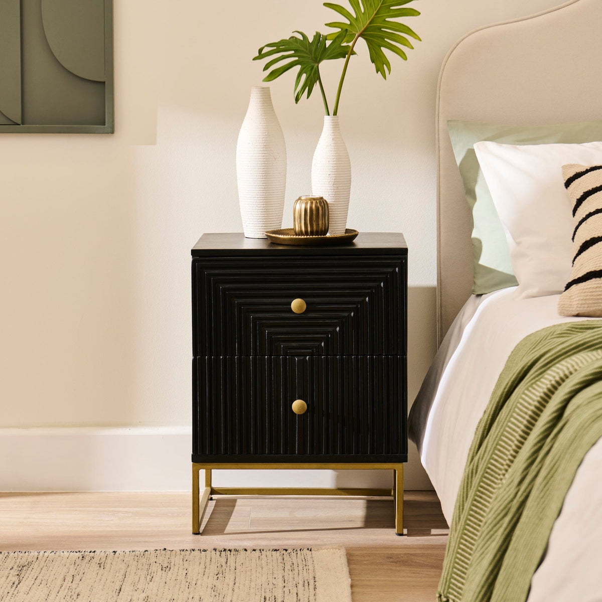 Outlet - Rayna Jet Black 2 Drawer Bedside Table