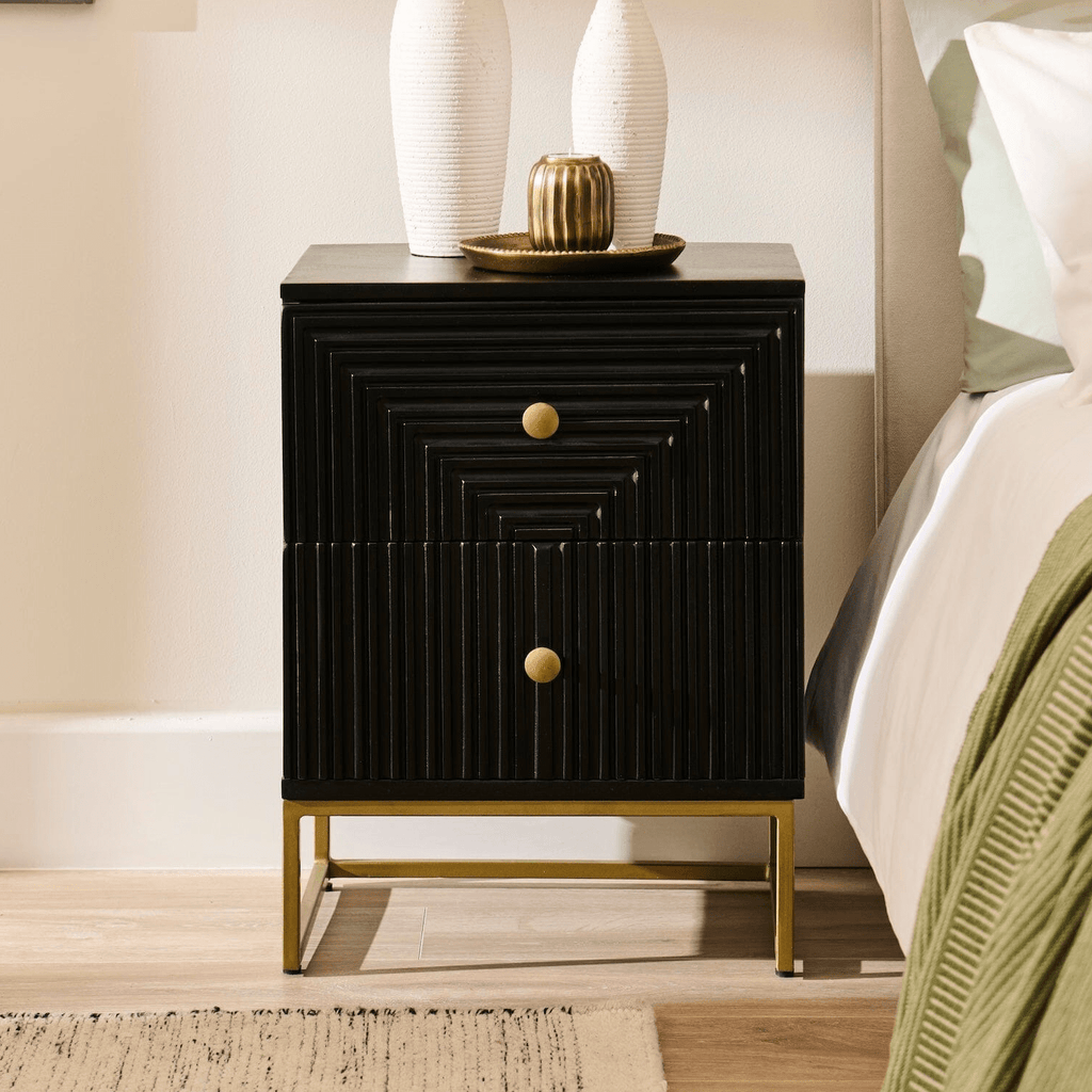 Outlet - Rayna Jet Black 2 Drawer Bedside Table