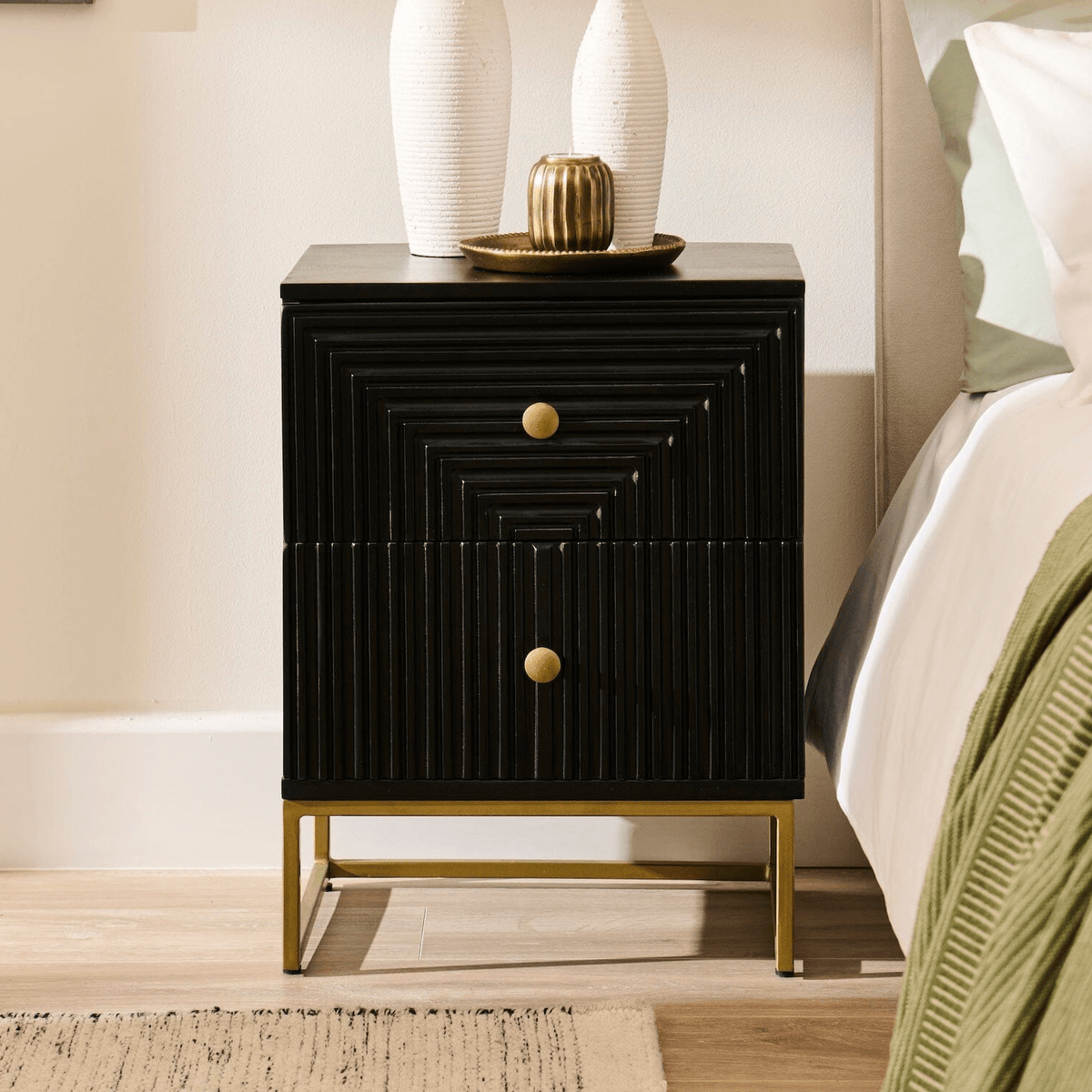 Outlet - Rayna Jet Black 2 Drawer Bedside Table
