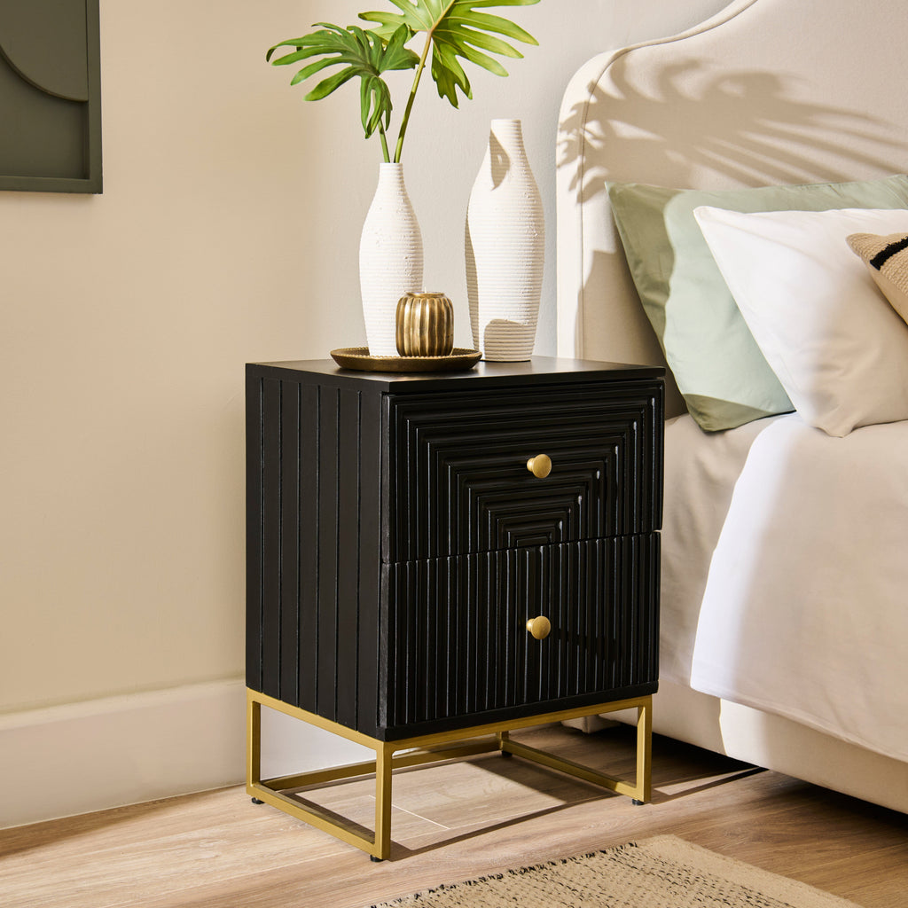 Outlet - Rayna Jet Black 2 Drawer Bedside Table