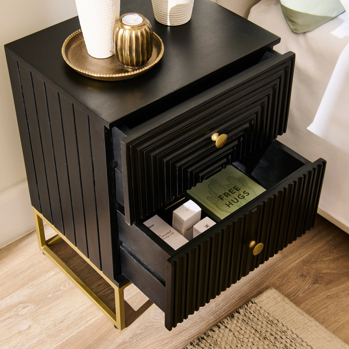 Outlet - Rayna Jet Black 2 Drawer Bedside Table