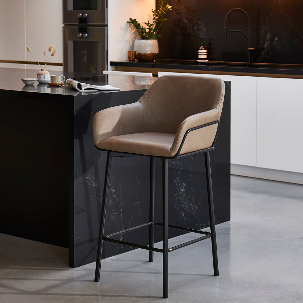 Reagan Almond Brown Faux Leather Bar Stool - Metal Legs