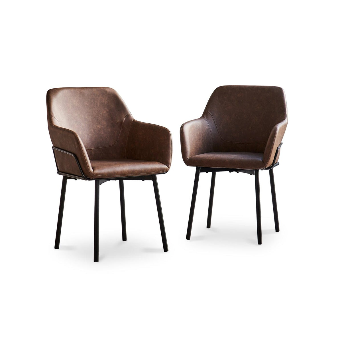 Reagan Saddle Brown Vegan Leather Carver Chairs  - Set of 2 - Black Metal Legs