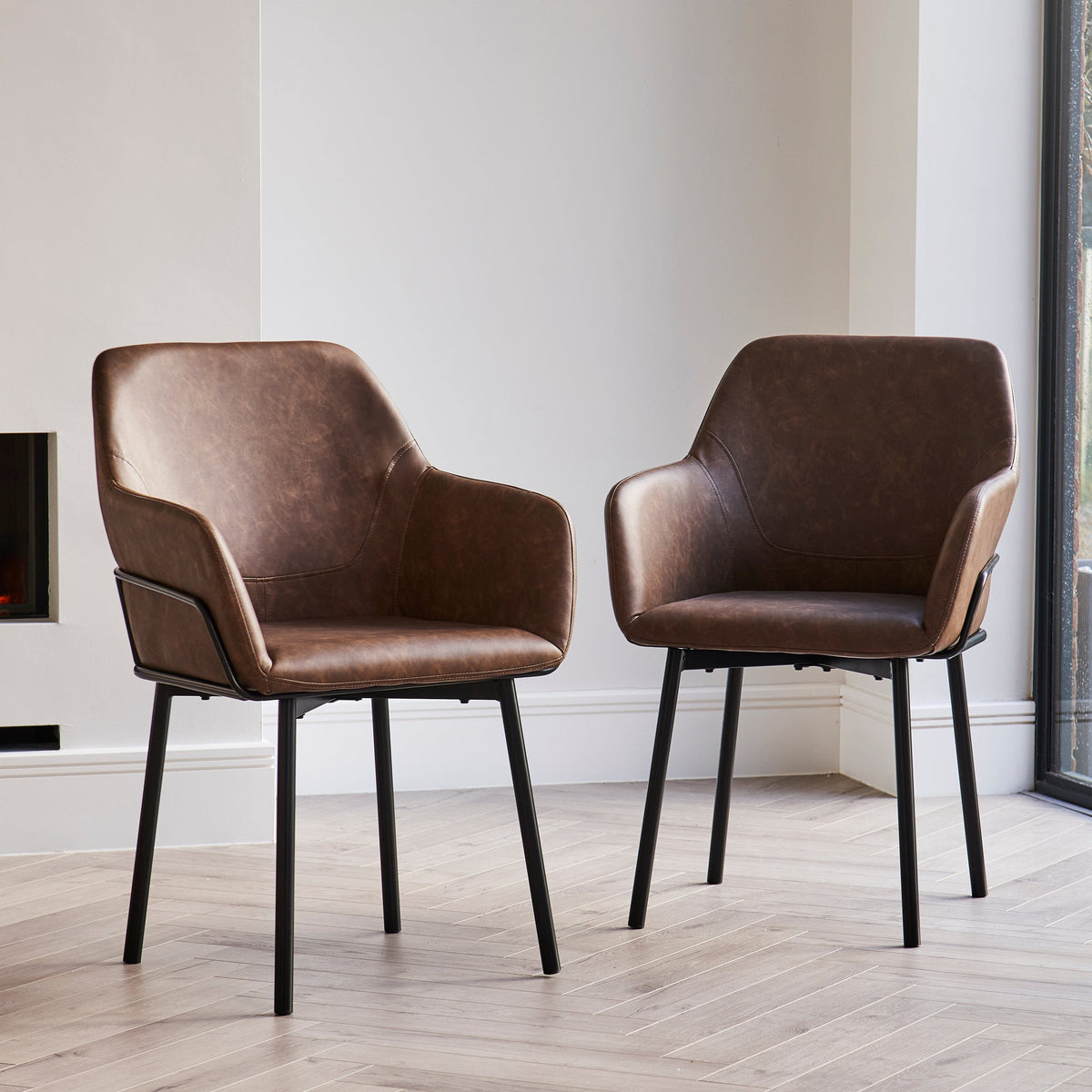 Reagan Saddle Brown Vegan Leather Carver Chairs  - Set of 2 - Black Metal Legs