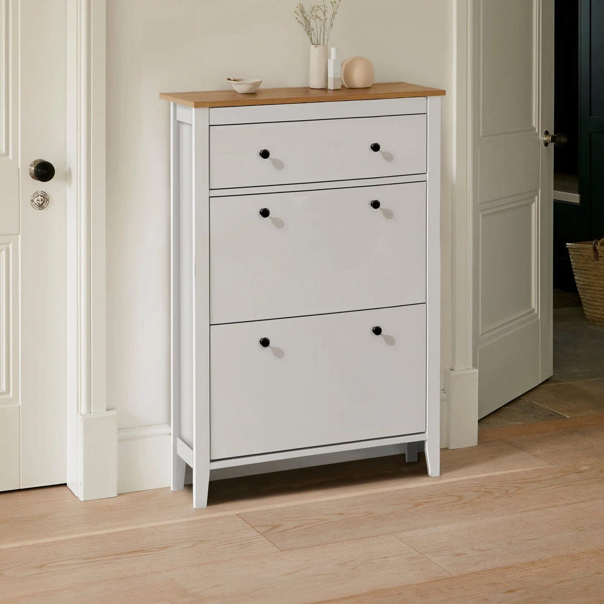 Sandhurst Shoe Cabinet - 3 Door - White & Oak Effect