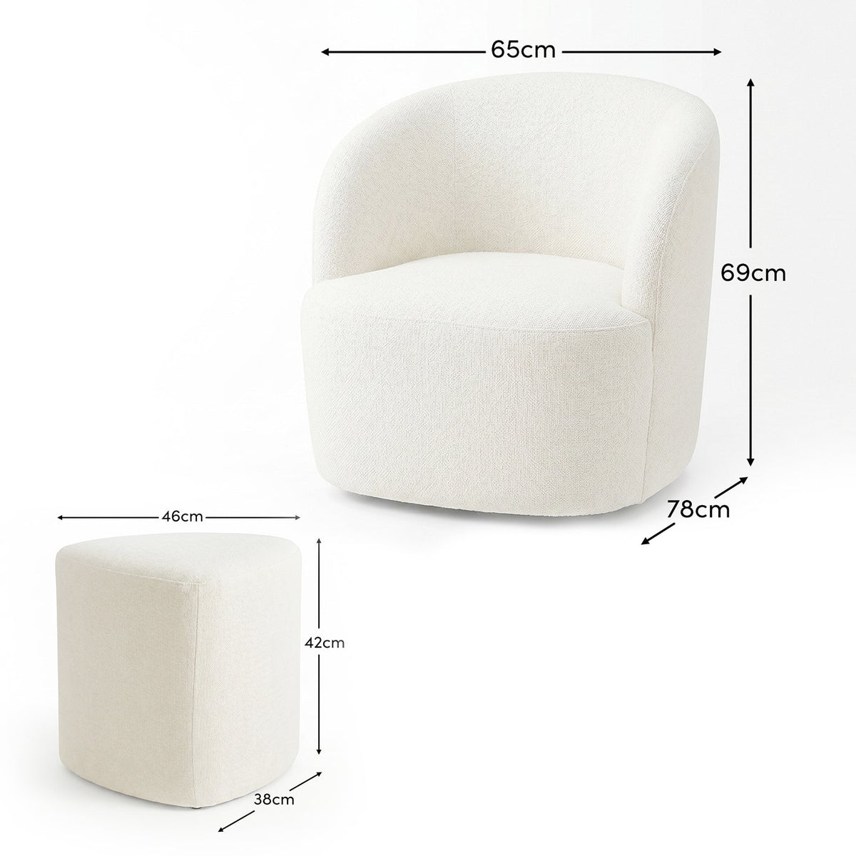 Sawyer 68cm Swivel Armchair & Alder 45cm Footstool - Oyster White