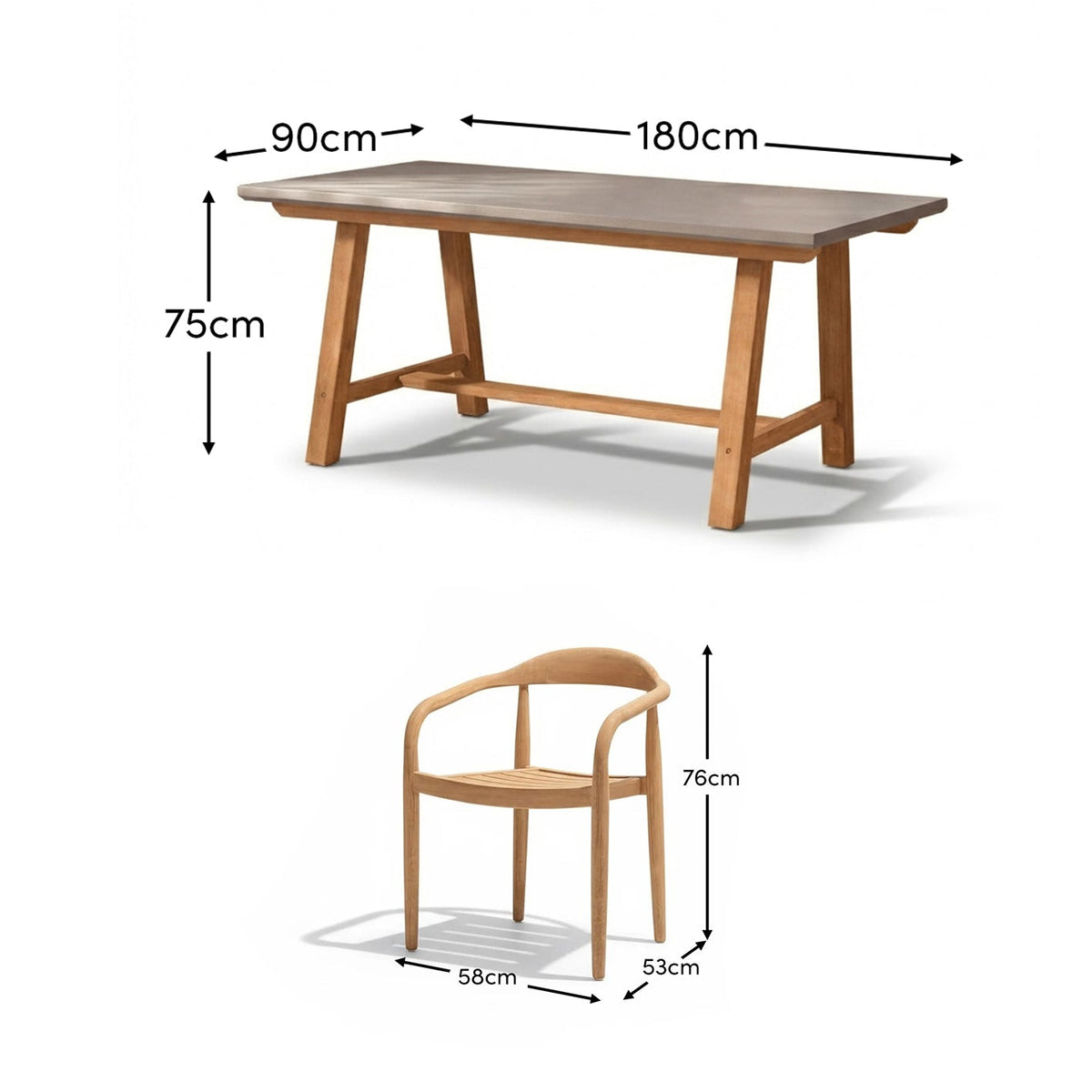 Shiro 180cm Pale Grey Concrete Dining Table Set - 6 Seater - Sasha Brushed Light Acacia Dining Chairs