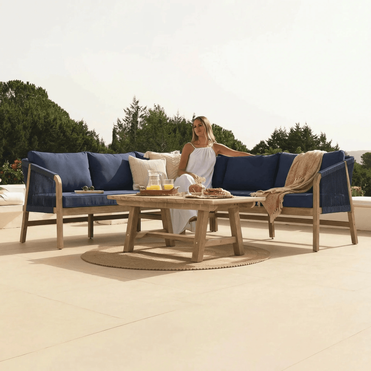 Shiro 5 Seater Wooden Garden Corner Sofa with Shiro Coffee Table - Navy
