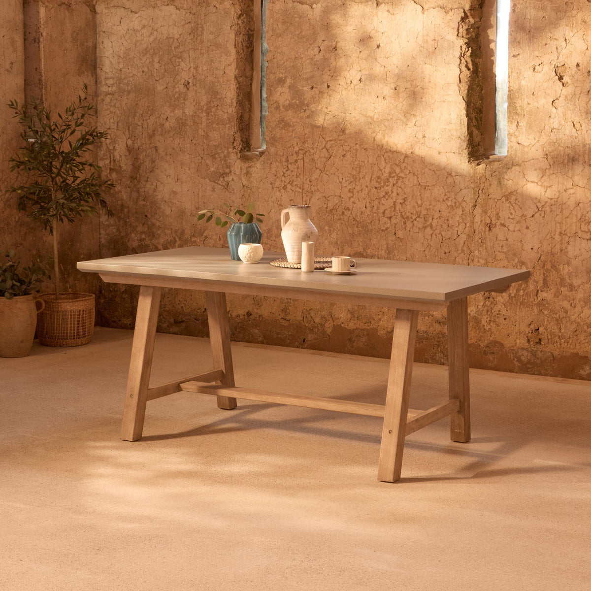 Shiro Pale Grey Concrete Dining Table Set - 6 Seater - Shiro Pink Rope Dining Chairs