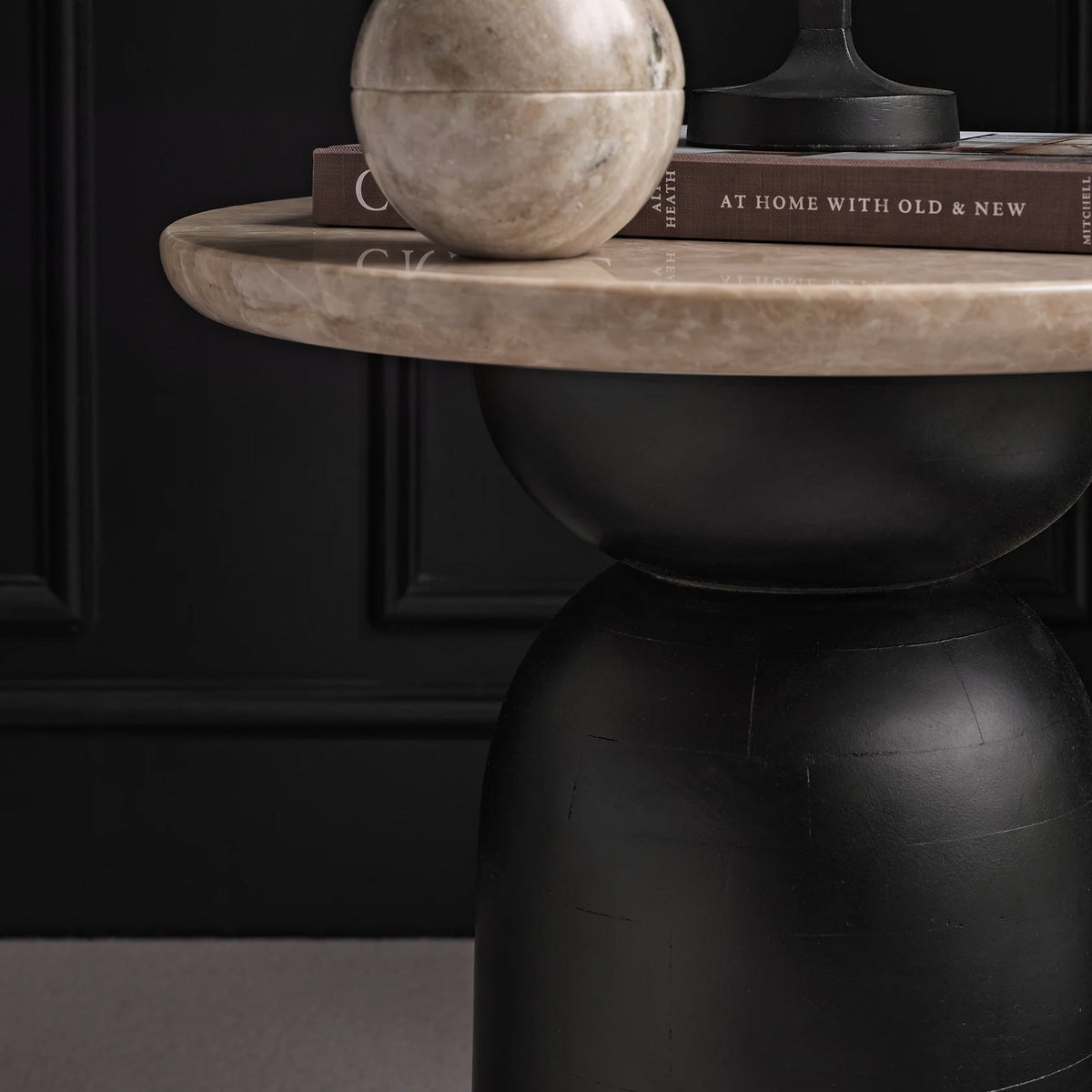 Sorrell 45cm Round Side Table - Jet Black Mango Wood & Lady Grey Marble