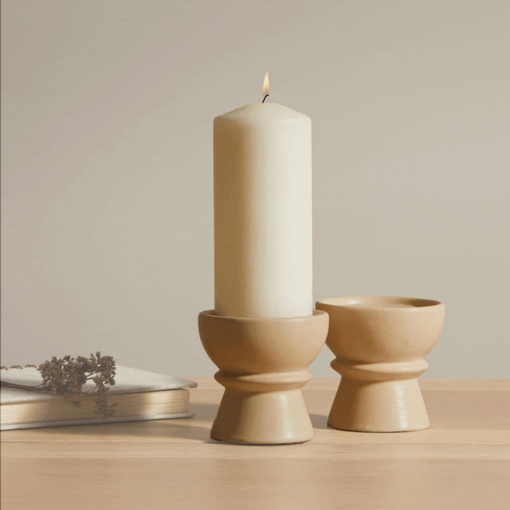 Outlet - Ackton 9cm Ceramic Pillar Candle Holder - Set of 2 - Taupe