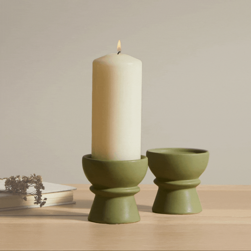 Outlet - Ackton 9cm Ceramic Pillar Candle Holder - Set of 2 - Sage Green