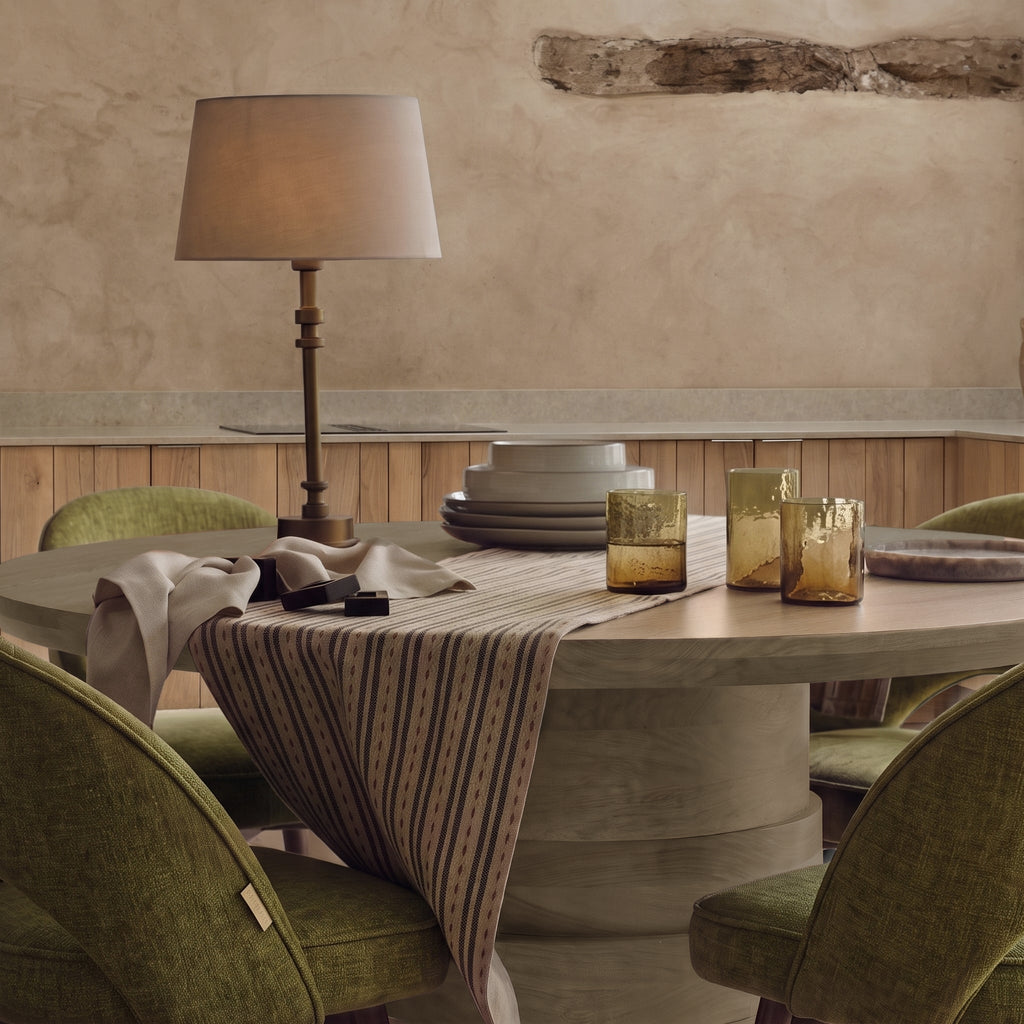 Adam Almond Brown Round Dining Table Set - 4 Seater - Marilyn Moss Green Dining Chairs - Almond Brown Legs