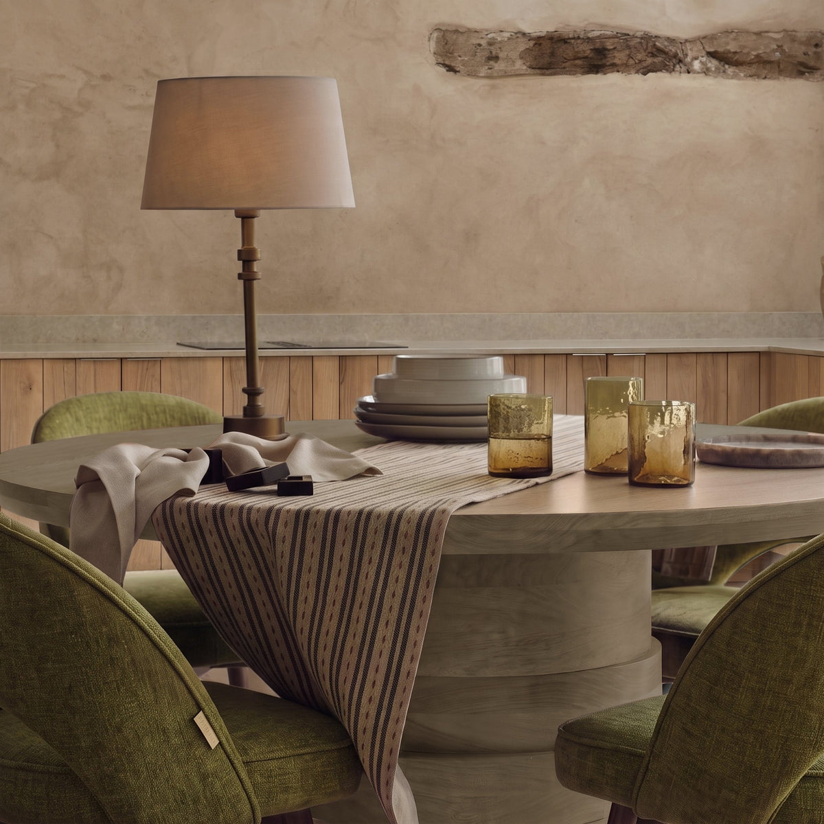 Adam Almond Brown Round Dining Table Set - 4 Seater - Marilyn Moss Green Dining Chairs - Almond Brown Legs