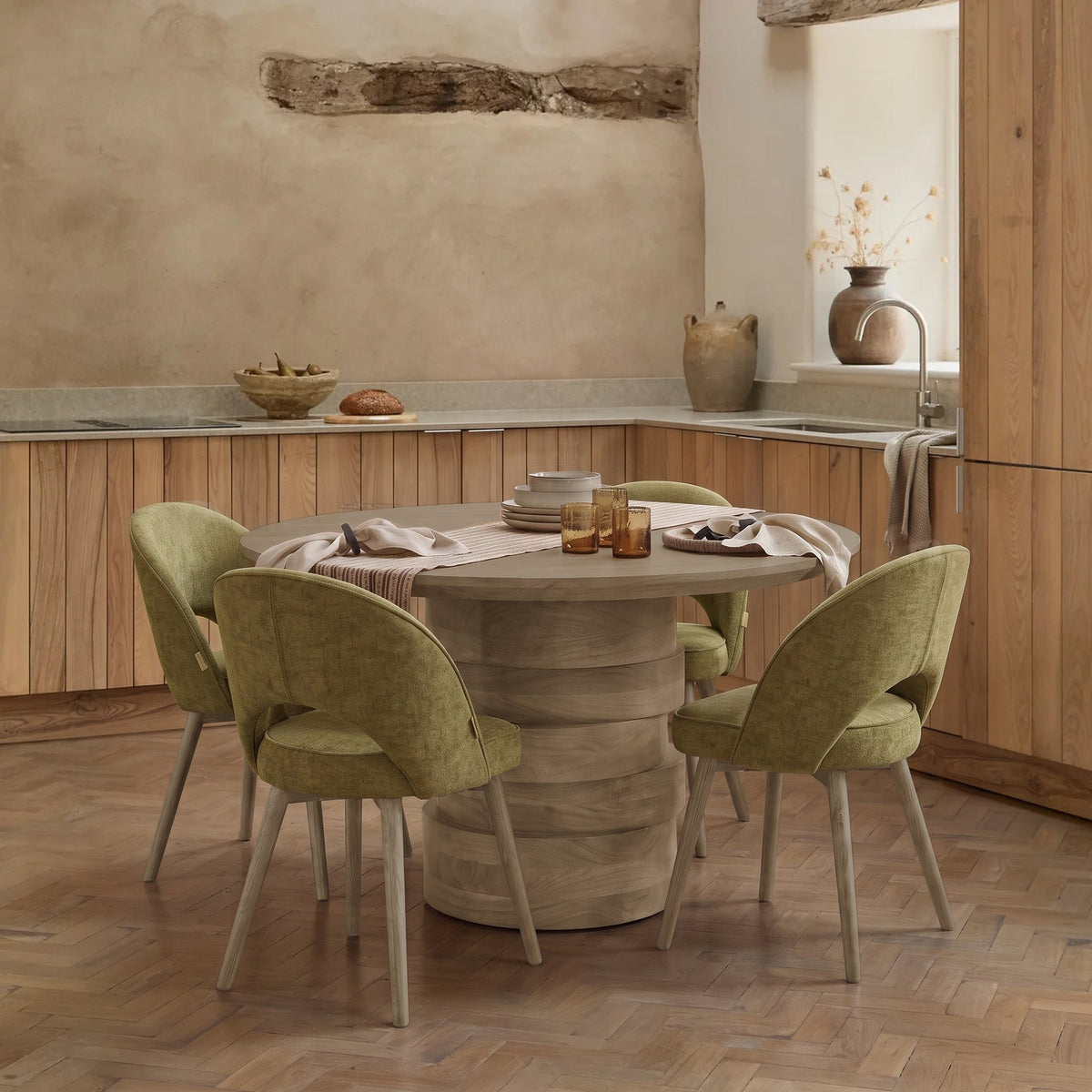 Adam Almond Brown Round Dining Table Set - 4 Seater - Marilyn Moss Green Dining Chairs - Almond Brown Legs
