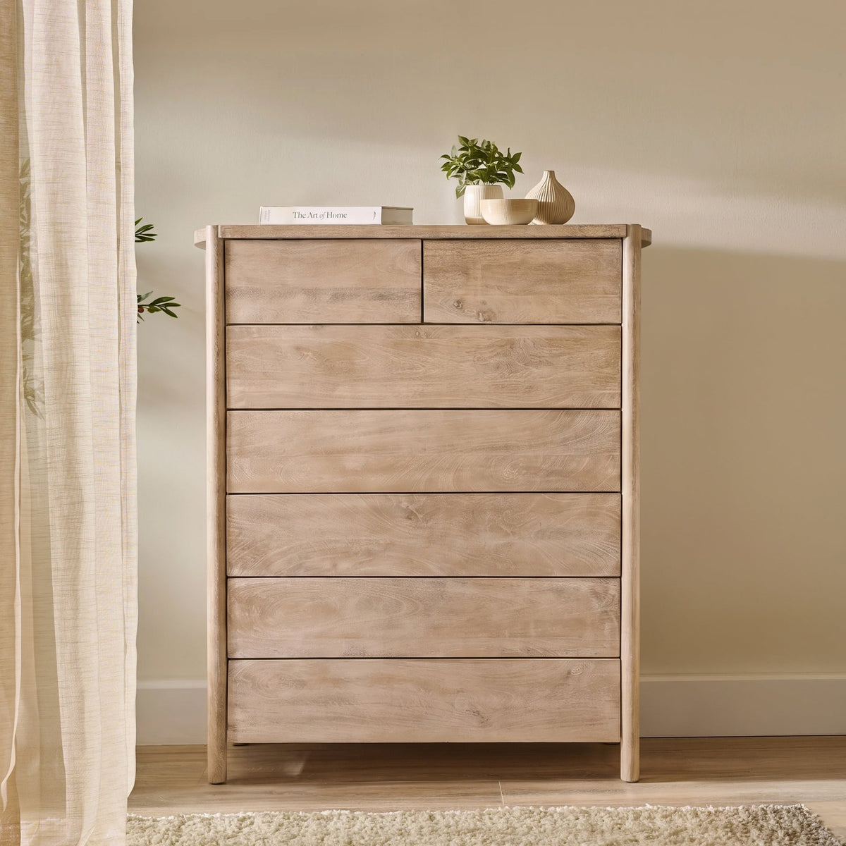 Viola 7 Drawer Tall Boy - Travertine Effect & Chalked Mango Wood