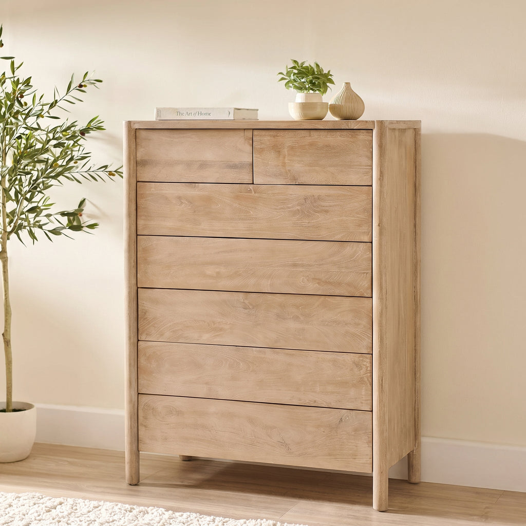 Viola 7 Drawer Tall Boy - Travertine Effect & Chalked Mango Wood