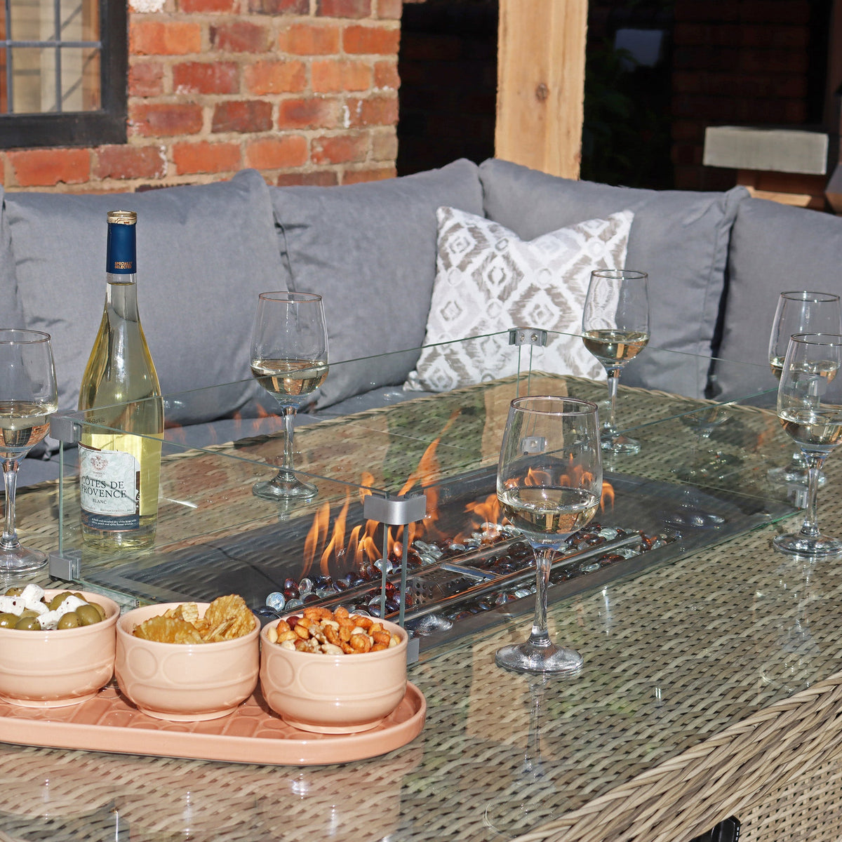 Wentworth 170cm Fire Pit Dine or Lounge Rattan Set with Bench